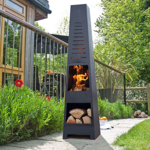 Picture of SKYLINE BLACK STEEL CHIMENEA  WITH LOG STORE